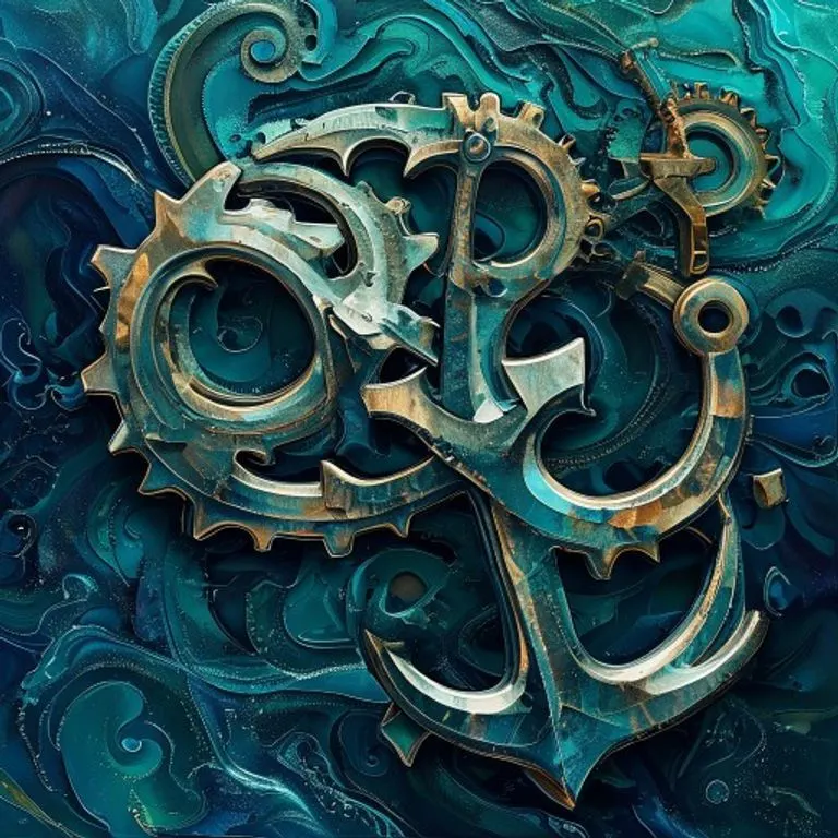 Arte conceptual abstracto que representa engranajes y anclas entrelazados, con tonos metálicos sobre un fondo arremolinado de azules y verdes profundos.