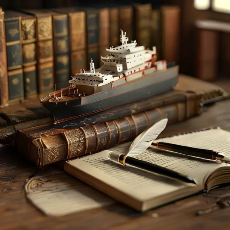 Renderizado 3D de una maqueta de barco de carga sobre una pila de libros de leyes antiguos, con una pluma y un libro de contabilidad abierto, simbolizando la relación entre el comercio y la legislación.
