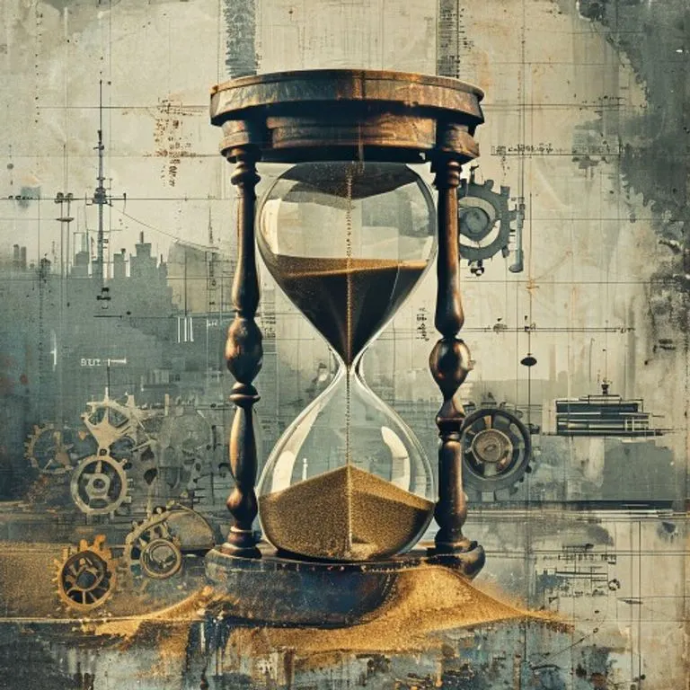 Arte conceptual de un reloj de arena antiguo con arena fluyendo de manera irregular, rodeado de engranajes estilizados, representando la gestión del tiempo en el transporte marítimo y los cargos por demora. El fondo muestra planos de barcos.