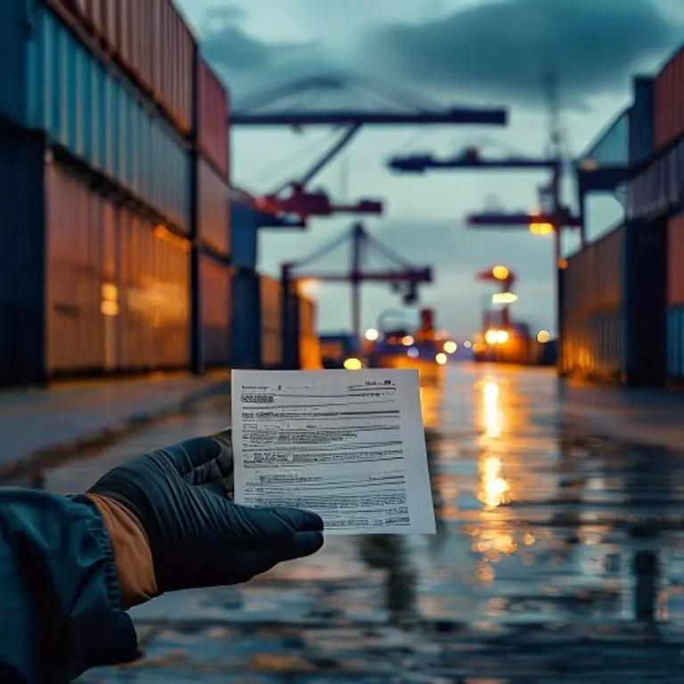 Fotografía de bodegón cinematográfico de contenedores de envío apilados en un muelle, con un conocimiento de embarque en primer plano, representando la logística del transporte marítimo.