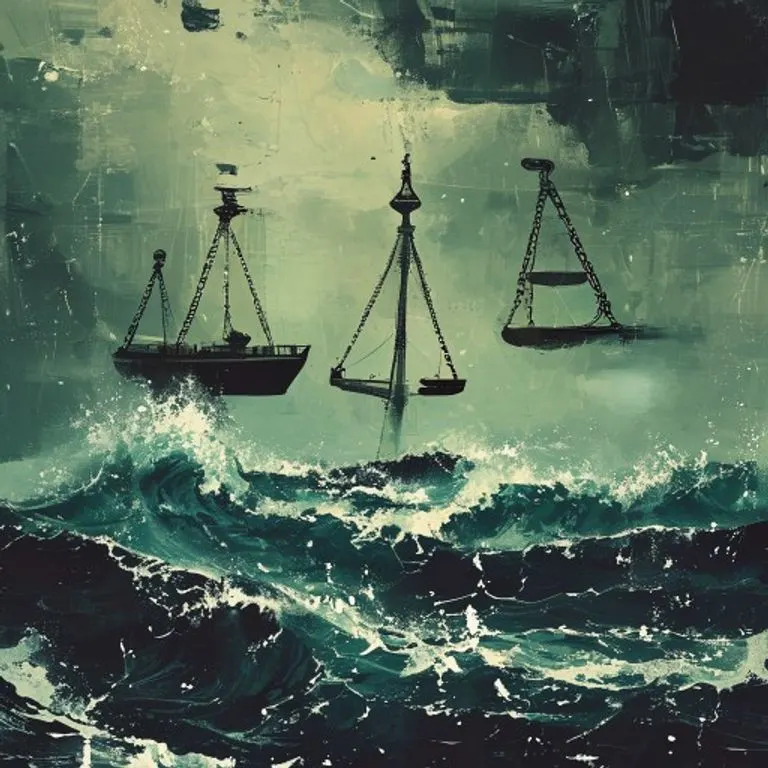 Pintura de arte conceptual de un barco de carga en un mar tormentoso, con escalas de la justicia y una cadena rota flotando, simbolizando los riesgos y responsabilidades legales del transporte marítimo.
