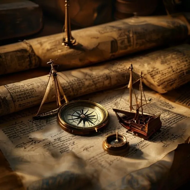 Fotografía cinematográfica de una brújula antigua sobre rollos de documentos legales y un modelo de barco de madera, simbolizando la historia del derecho marítimo.
