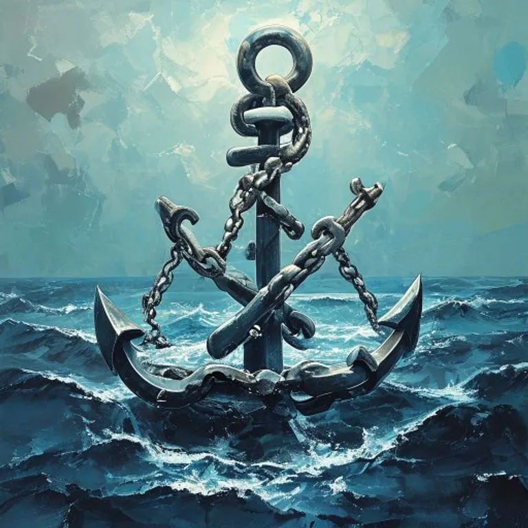 Arte conceptual de cadenas y anclas entrelazadas flotando sobre una superficie oceánica estilizada, representando la seguridad y los lazos legales del crédito naval.