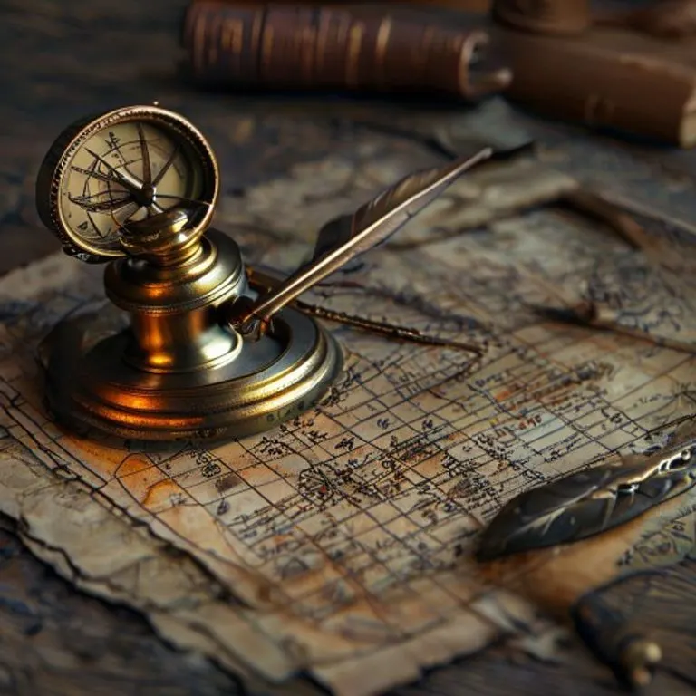 Sextante antiguo de latón sobre carta náutica, rodeado de brújula y pergamino legal.
