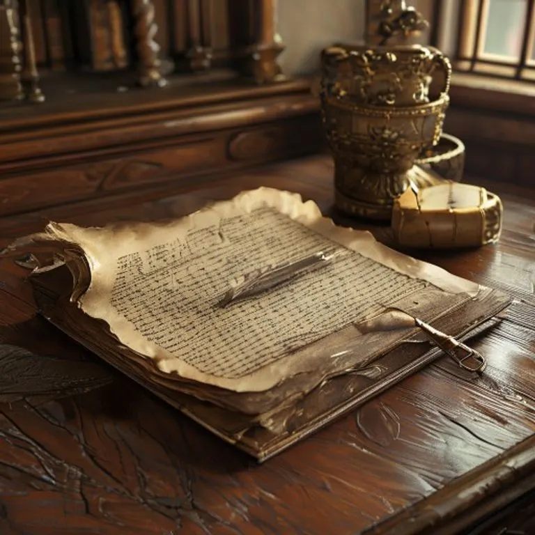 Renderizado 3D de un antiguo libro de contabilidad marítimo abierto en un escritorio.