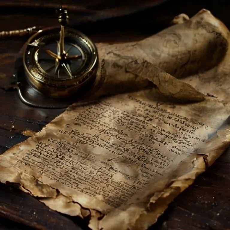 Fotografía cinematográfica de un antiguo compás de latón y un pergamino gastado con texto legal, sobre un escritorio de madera oscura, iluminado dramáticamente.