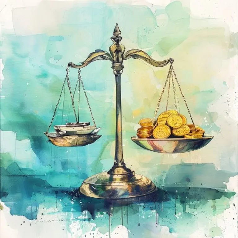 Pintura de acuarela de una balanza estilizada, con un modelo de barco en un platillo y monedas de oro en el otro, sobre un fondo abstracto de azules y verdes.