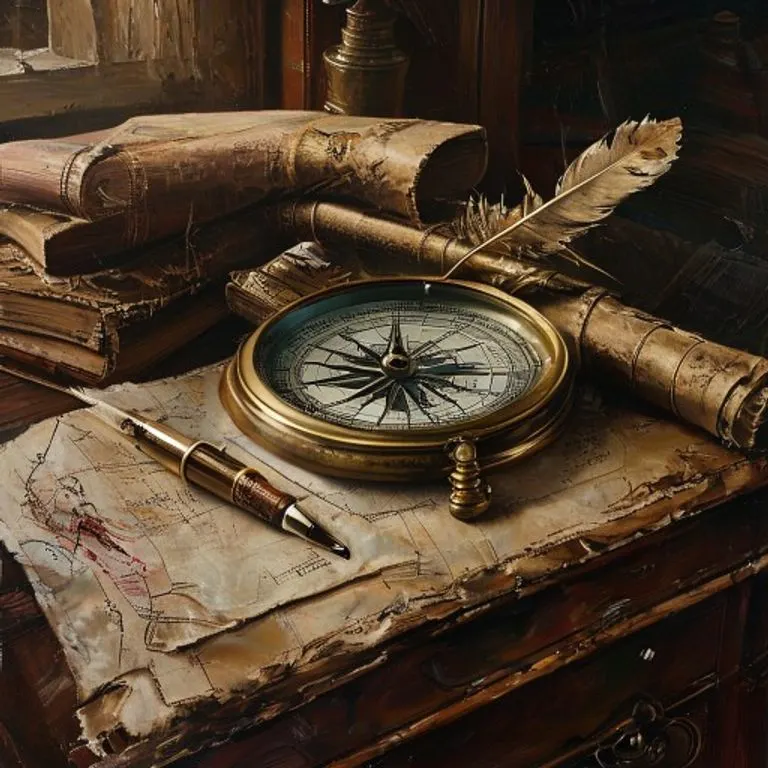 Una composición de un viejo compás de latón, una carta náutica desplegada y un libro de leyes antiguo, todos sobre un escritorio de madera, evocando el estudio del derecho marítimo.