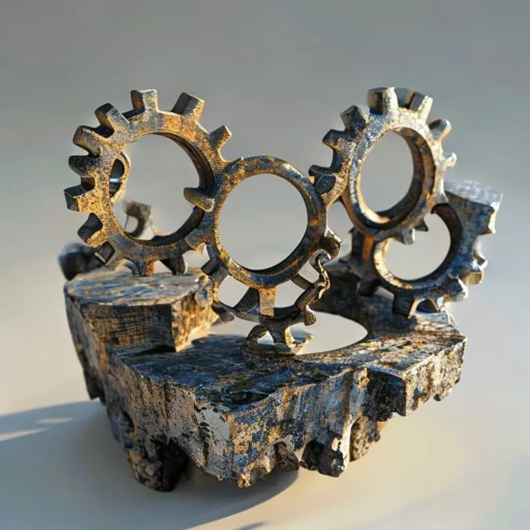 Renderizado 3D conceptual de engranajes y cadenas entrelazadas, algunos corroídos y otros relucientes, equilibrados precariamente en un fulcro, simbolizando la distribución de riesgos y responsabilidades en el comercio marítimo.