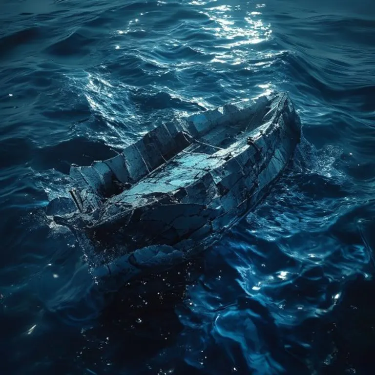 Representación 3D abstracta de un buque fracturado en aguas turbulentas