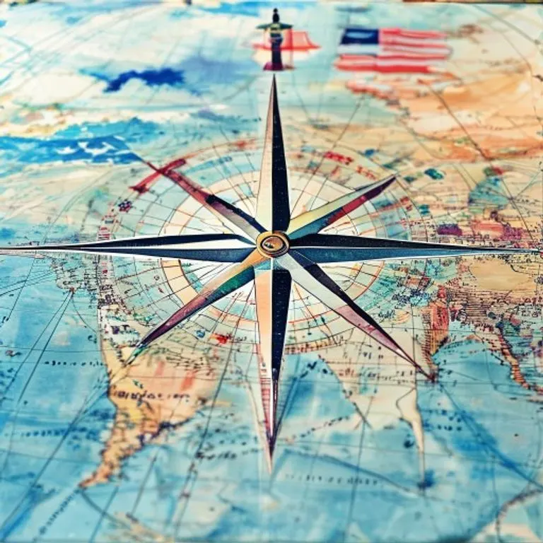 Pintura de una rosa de los vientos sobre un mapa de rutas marítimas