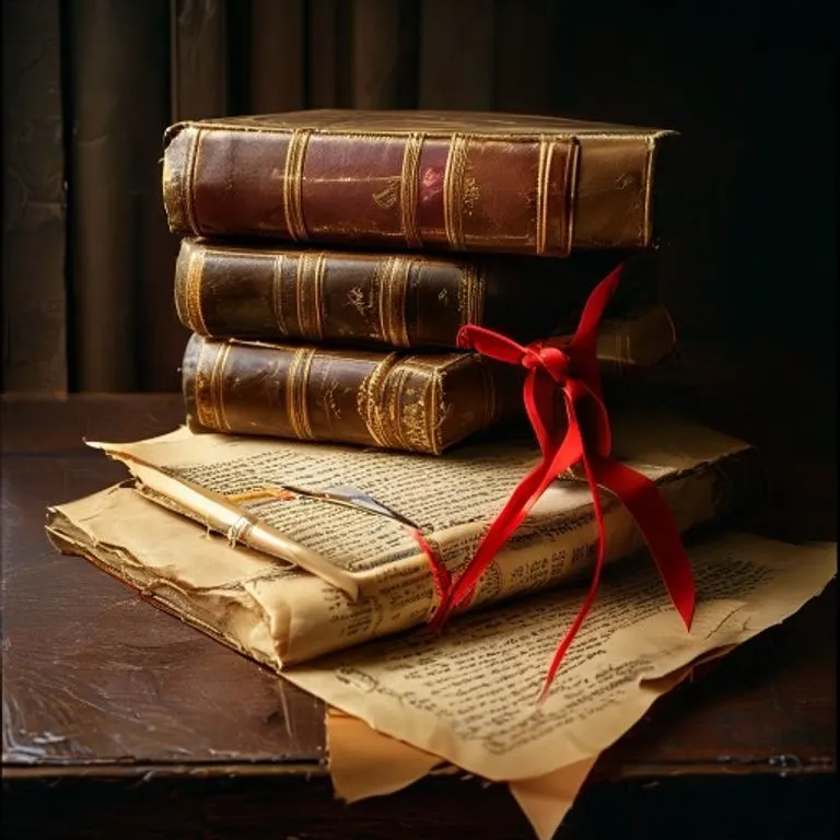 Pila de libros de derecho antiguos, una pluma de ave y un pergamino enrollado sobre un escritorio de madera. El ambiente es serio y de estudio.