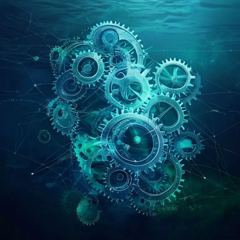 Engranajes y mecanismos interconectados con luces azules y verdes, sobre un fondo marino oscuro, simbolizando la complejidad de las leyes marítimas.
