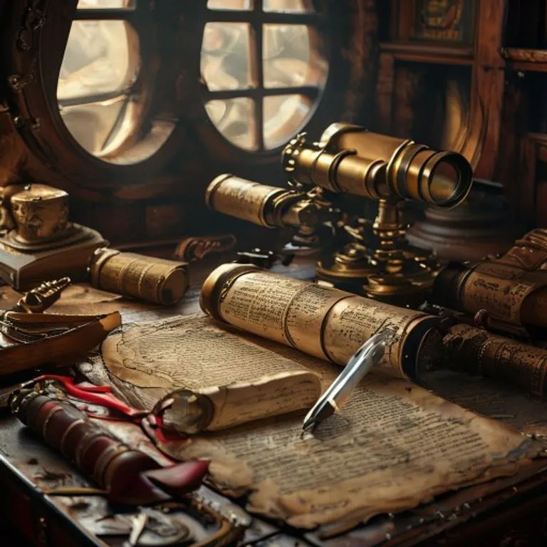 Bodegón cinematográfico de un escritorio de capitán con un telescopio antiguo, un pergamino atado, una pluma de ave y un libro de leyes abierto, iluminado por una luz suave a través de un ojo de buey.