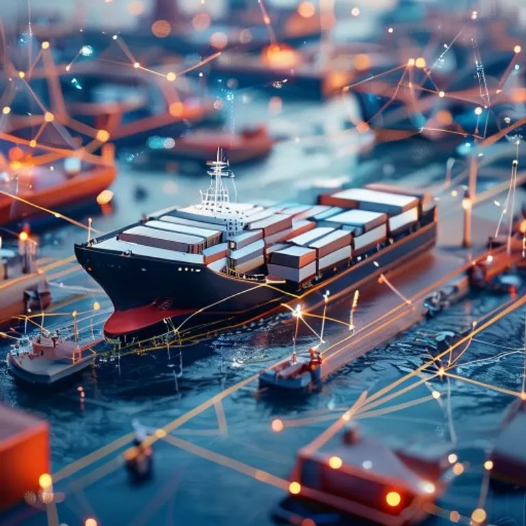 Renderizado 3D de un modelo miniatura de un buque de carga moderno atracado en un puerto estilizado, rodeado de flujos de datos abstractos y nodos interconectados que representan la red logística.
