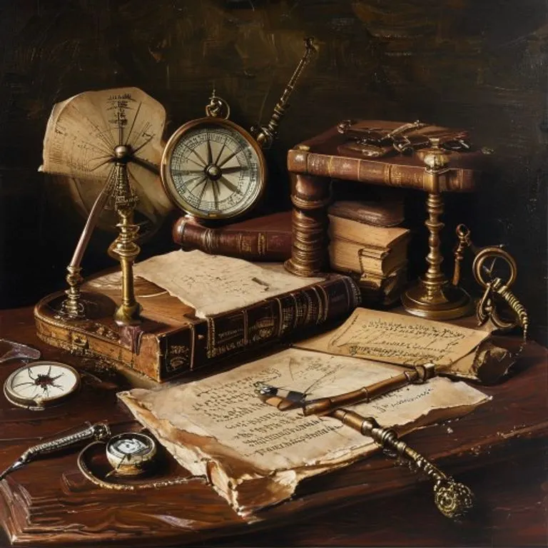 Pintura al óleo de instrumentos náuticos antiguos como un compás, un sextante y un libro de bitácora, sobre un escritorio de madera oscura.