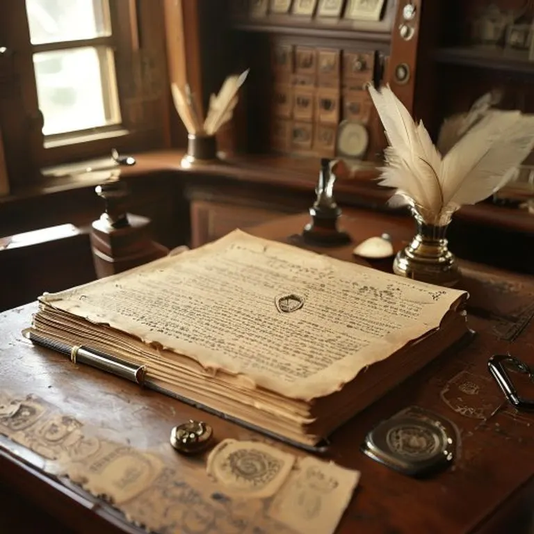 Fotografía vintage de una oficina de registro meticulosamente organizada. Un gran y pesado libro de contabilidad con letras doradas descoloridas yace abierto sobre un mostrador de madera junto a un tintero y una pluma de ave. Sellos oficiales y timbres están esparcidos, sugiriendo un proceso burocrático y documentación histórica. Luz natural suave de una ventana.