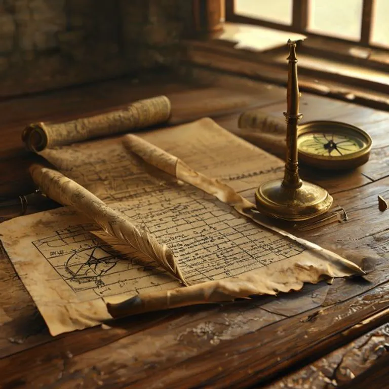 Ilustración digital 3D de una antigua carta náutica desplegada sobre un escritorio de madera pulida, con una pluma de ave, una brújula antigua y un pergamino de decretos legales, destacando el contexto histórico y legal.