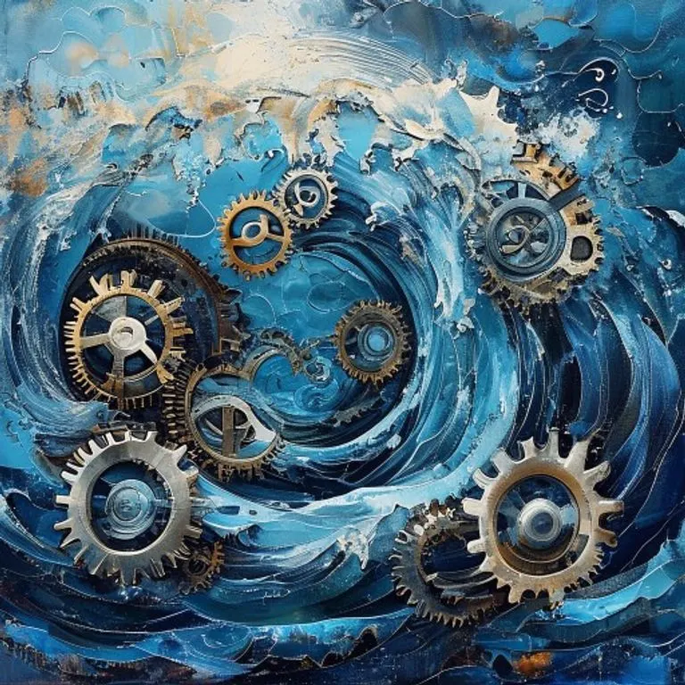 Pintura al óleo conceptual de engranajes interconectados y ruedas dentadas dentro de una ola oceánica estilizada, simbolizando los intrincados mecanismos regulatorios y la gobernanza de las operaciones marítimas.