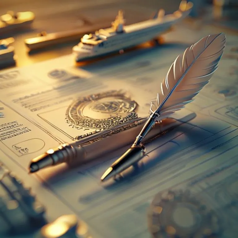 Renderizado 3D de un documento legal estilizado con sellos intrincados y una pluma de ave, rodeado de modelos en miniatura de un buque de carga y un avión comercial, todo iluminado con un suave resplandor institucional.