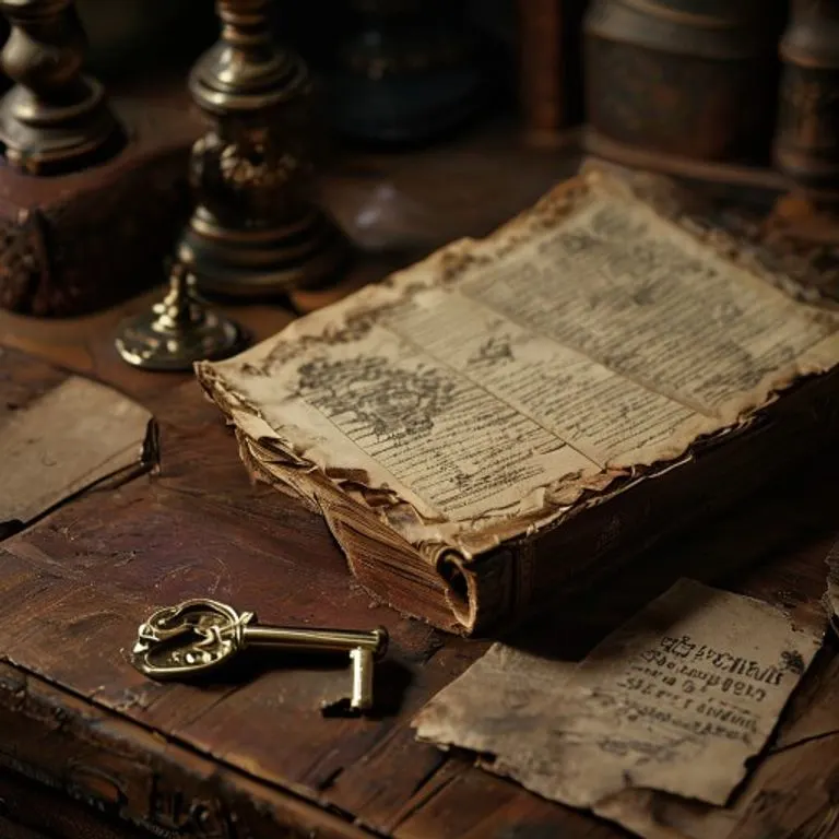 Bodegón cinematográfico de un escritorio de madera vintage con una llave de latón, un libro del Código de Comercio Colombiano abierto y un sobre sellado.
