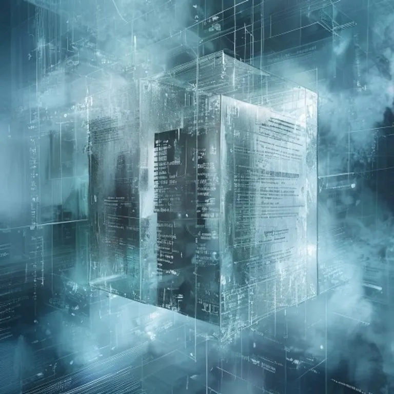 Arte conceptual de un cubo translúcido fragmentado que representa una cajilla de seguridad, con cláusulas legales y responsabilidades grabadas, flotando en un fondo abstracto de datos financieros y patrones de seguridad digital.