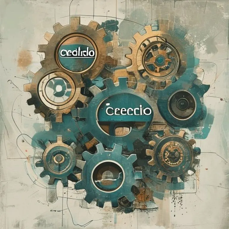 Pintura conceptual de engranajes interconectados, simbolizando la relación entre crédito y comercio.