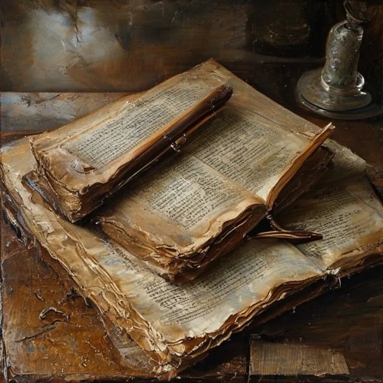 Pintura al óleo de un antiguo libro de contabilidad abierto sobre un escritorio de madera, con documentos financieros dispersos y una pluma de ave. La luz tenue resalta la textura del papel y el cuero.