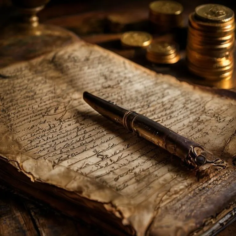 Bodegón cinematográfico de un libro contable antiguo de cuero abierto con escritura intrincada, una pluma estilográfica vintage y una pila de monedas de oro viejas, todo iluminado por una luz cálida y suave.