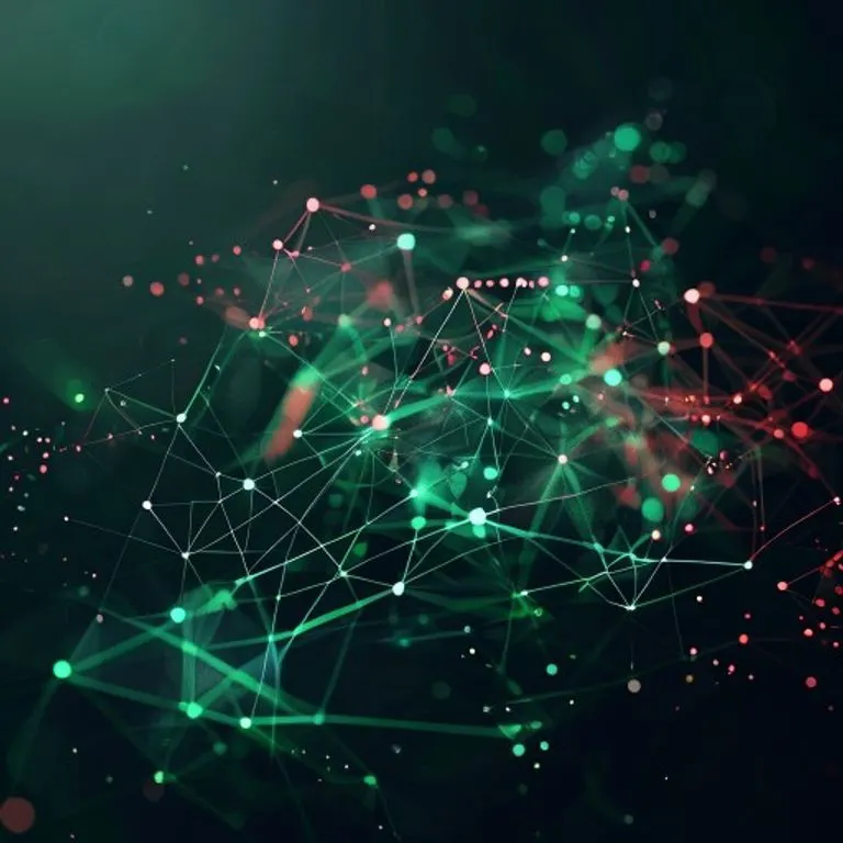 Arte conceptual abstracto de formas geométricas interconectadas que representan redes de datos seguras y transacciones digitales, con sutiles tonos verdes y azules, sugiriendo confianza y banca moderna, sobre un fondo oscuro y minimalista.
