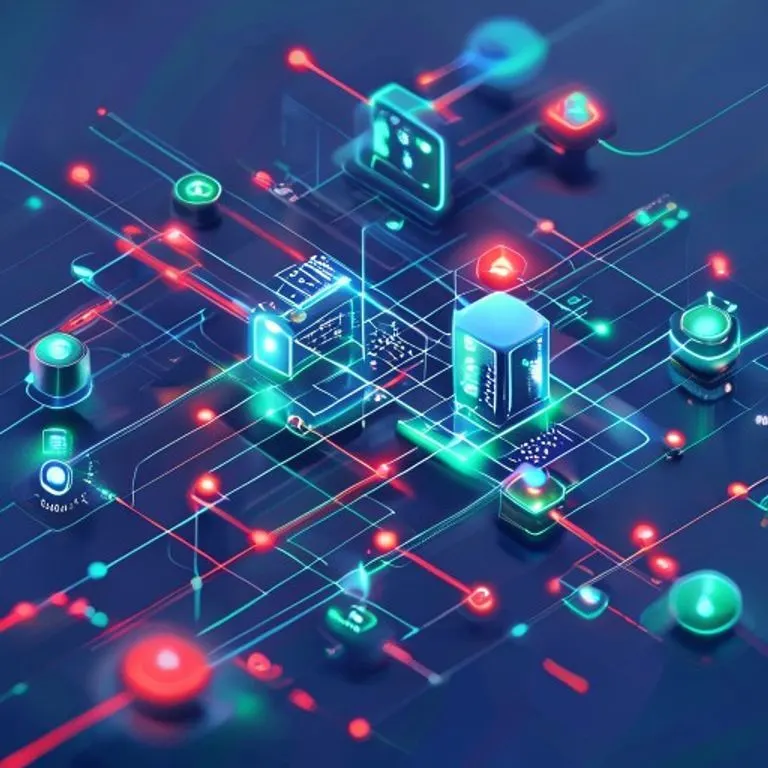 Representación conceptual de una red bancaria digital segura, con nodos interconectados y datos encriptados, en estilo renderizado isométrico.