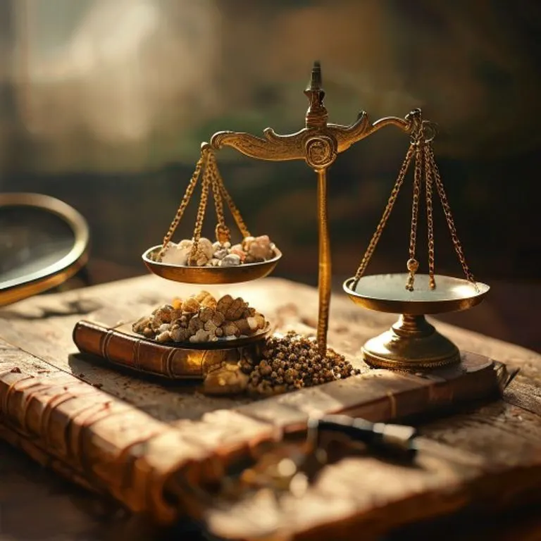Fotografía conceptual de una balanza de latón antigua equilibrando dos montones de objetos pequeños, con libros de contabilidad y una lupa, iluminados por luz difusa, simbolizando la gestión de ganancias y responsabilidades.