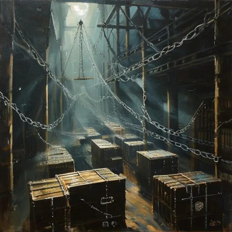 Pintura al óleo conceptual de una bodega de carga de barco con cajas y barriles, atravesados por cadenas etéreas de luz, simbolizando la protección legal contra embargos. Ambiente oscuro y dramático.