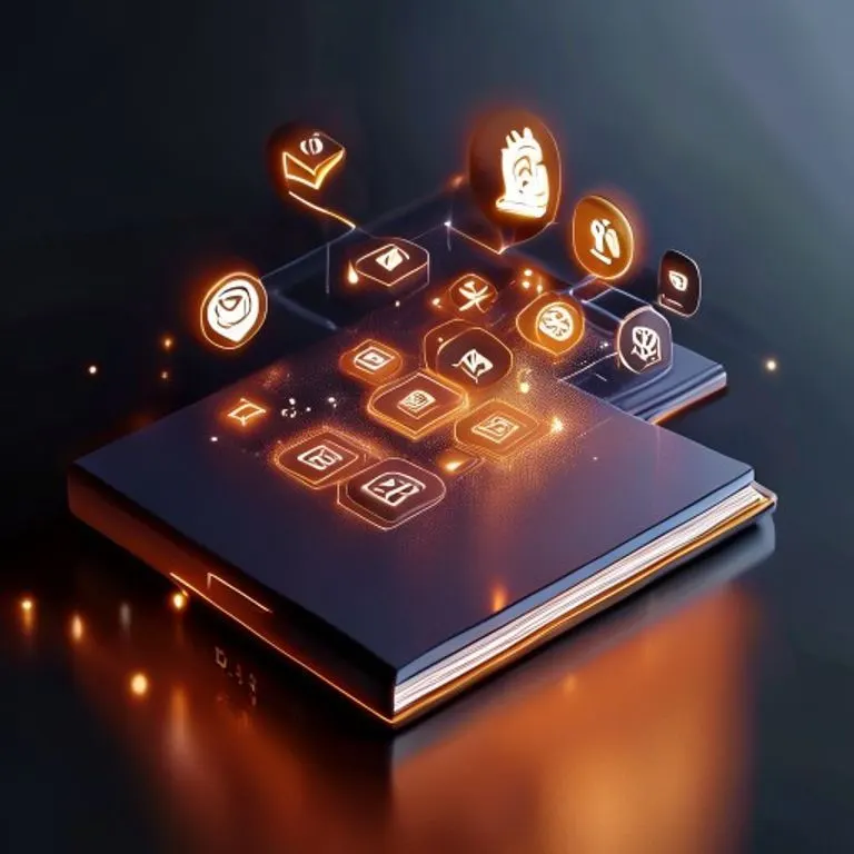 Renderizado 3D de un e-reader moderno y elegante que muestra un libro digital, rodeado de iconos estilizados que representan la propiedad intelectual, símbolos de derechos de autor y distribución digital, con una luz suave que emana del dispositivo.