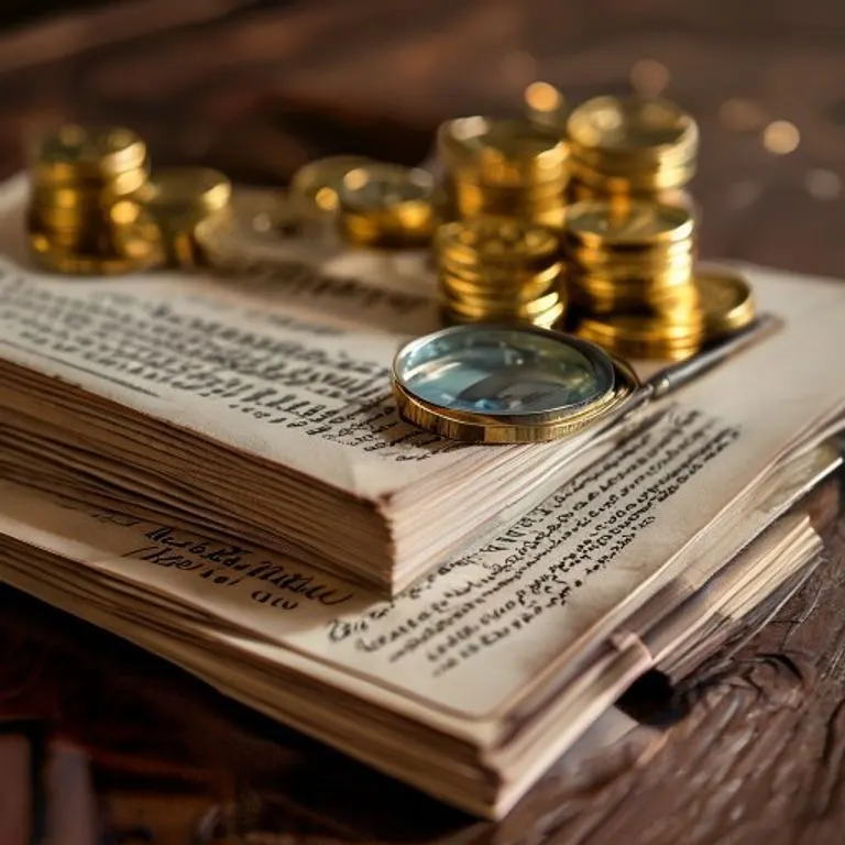 Fotografía macro de una pila de pólizas de seguros antiguas, monedas de oro y una lupa sobre un escritorio de madera oscura.