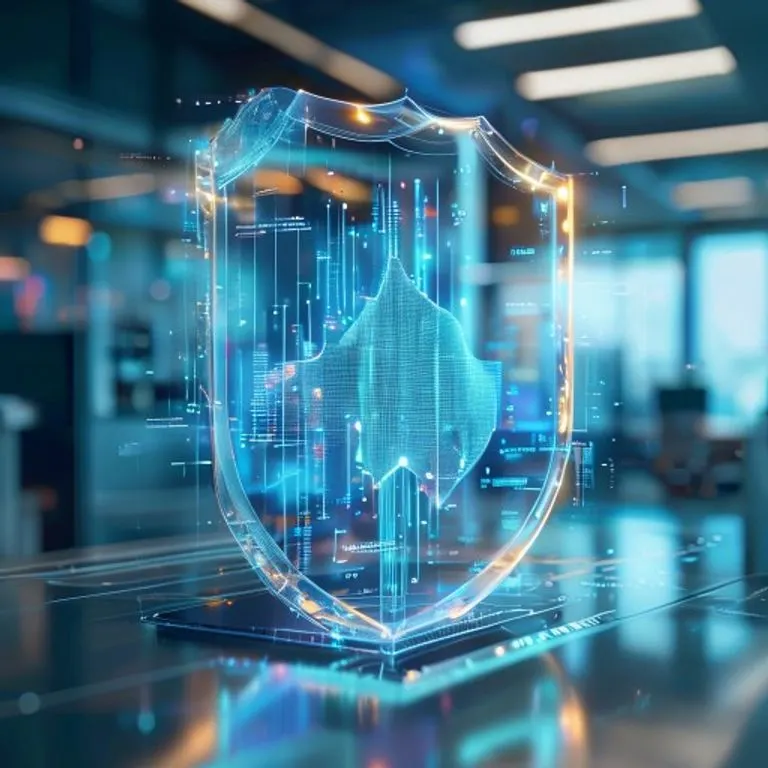 Render 3D conceptual de un escudo transparente y brillante protegiendo un documento financiero, con flujos de datos digitales y un fondo de oficina moderno.