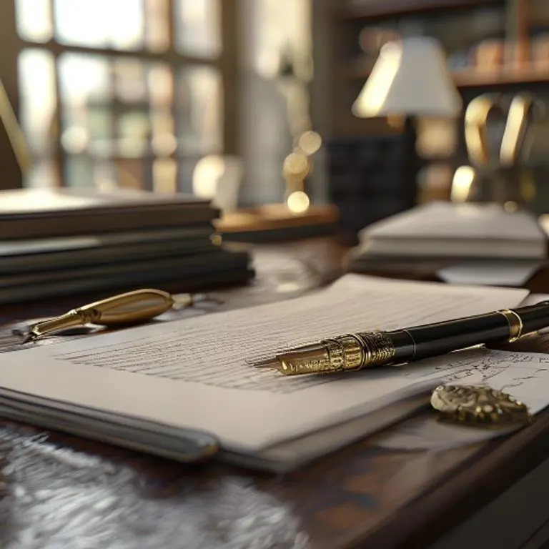 Representación 3D de un escritorio de oficina con un libro mayor abierto, una pluma estilográfica y un documento sellado, simbolizando la administración y la contabilidad en el comercio.