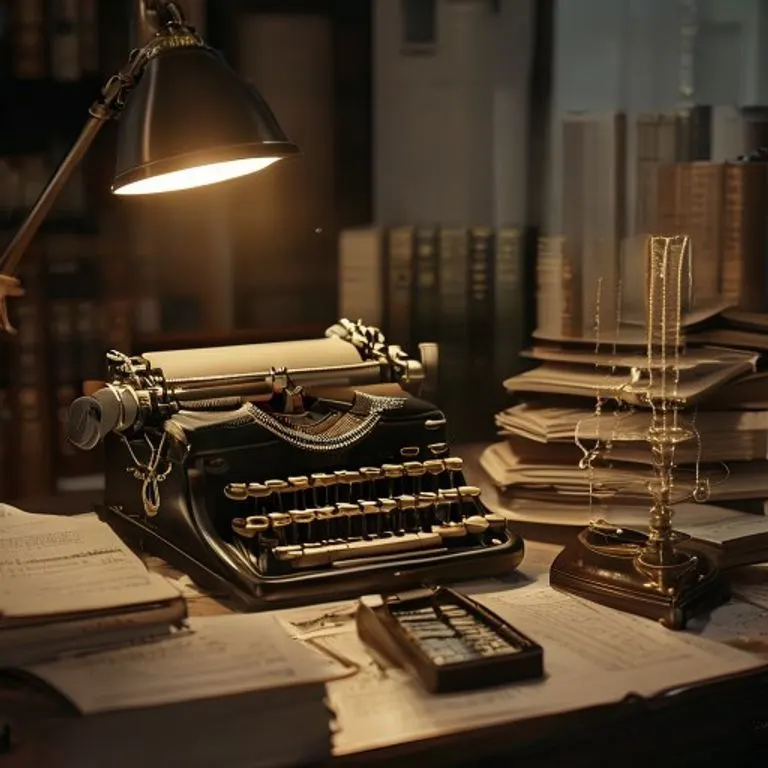 Bodegón de un escritorio ordenado con documentos legales, una máquina de escribir antigua y un ábaco, simbolizando la gestión y el análisis en la agencia comercial.
