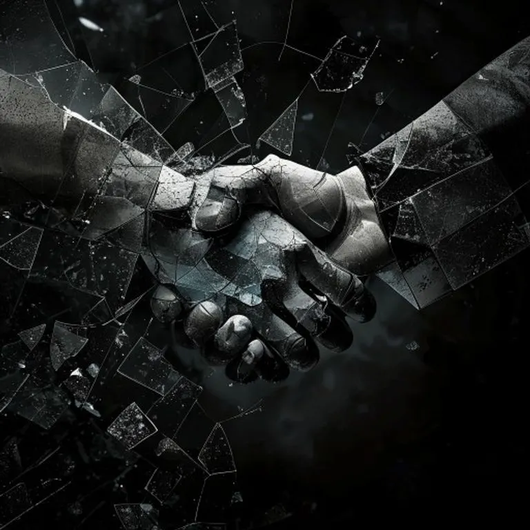 Arte conceptual de piezas de vidrio rotas formando una silueta de un apretón de manos, con fragmentos dispersos alrededor de un sello roto, simbolizando la terminación de un contrato y sus consecuencias.