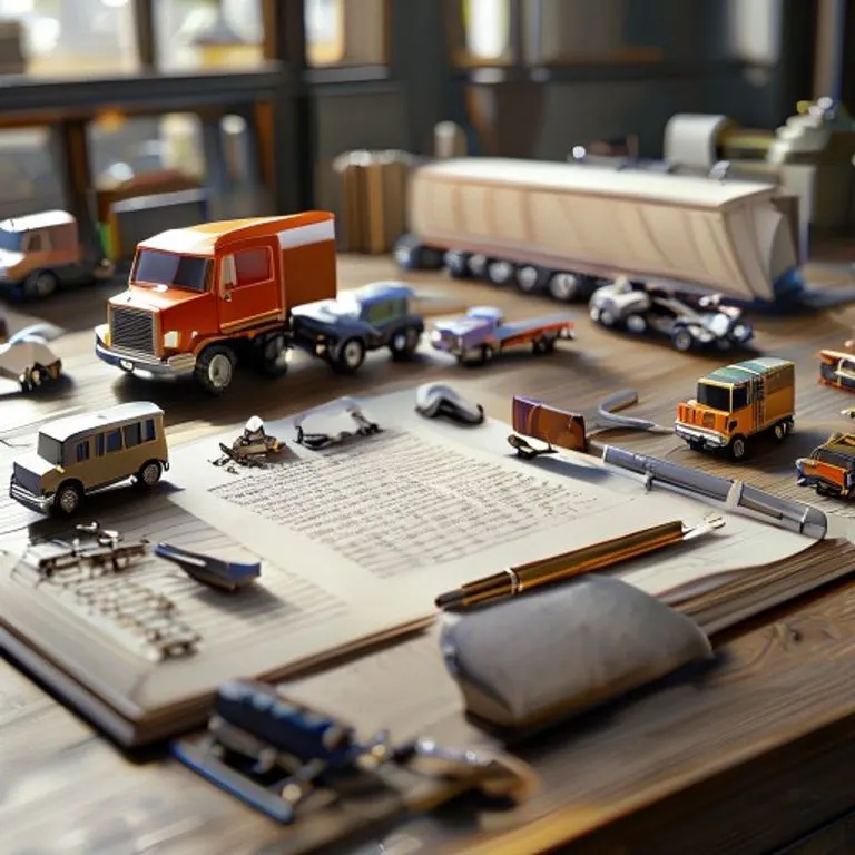Render 3D de un escritorio organizado con una pluma, un libro de contabilidad abierto y maquetas de vehículos de transporte, simbolizando la gestión logística y los acuerdos comerciales.