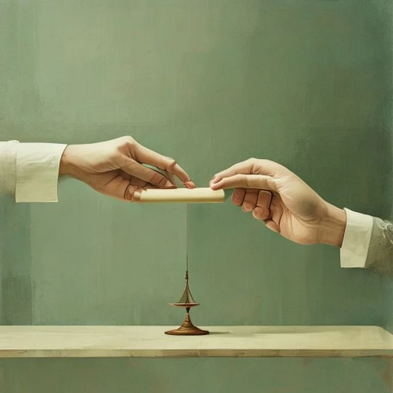 Arte conceptual minimalista de dos manos intercambiando un pergamino, con una tercera mano tenue al fondo, simbolizando la delegación y transferencia de responsabilidad legal.