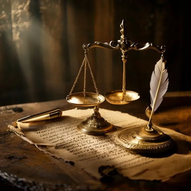 Fotografía cinematográfica de una balanza antigua de latón, equilibrada sobre un escritorio de madera desgastada, junto a una pluma de ave y un pergamino parcialmente desenrollado.