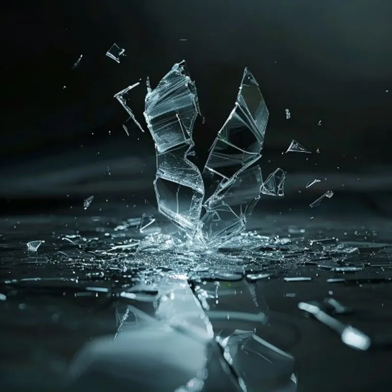Renderizado 3D conceptual de fragmentos de vidrio rotos que forman la silueta de un sello de contrato quebrado, flotando sobre una superficie oscura y reflectante. Los fragmentos emiten una luz etérea.