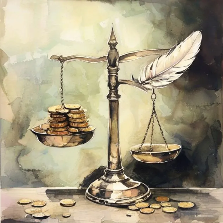 Balanza desequilibrada con monedas y pluma