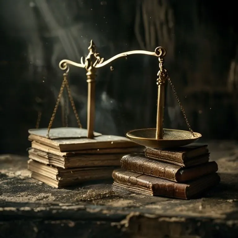 Una antigua balanza de latón con dos pilas de libros contables de cuero, simbolizando la meticulosidad y la responsabilidad en la gestión financiera y legal.