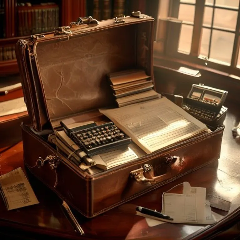 Un maletín de cuero antiguo abierto sobre un escritorio de madera, mostrando documentos legales y una pluma, evocando la seriedad de los contratos mercantiles.