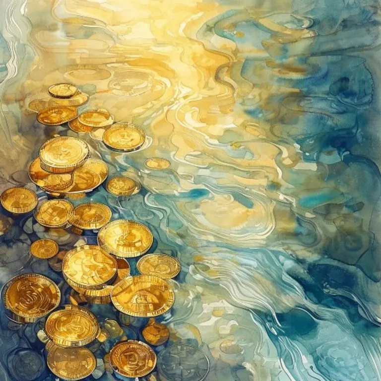 Pintura abstracta en acuarela que representa flujos de dinero y ética, con tonos dorados y azules que se mezclan para simbolizar transparencia y justicia en las transacciones comerciales.