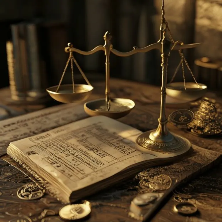 Renderizado 3D de un libro mayor antiguo abierto, con balanzas de latón y monedas, simbolizando la contabilidad y el equilibrio financiero en el comercio.