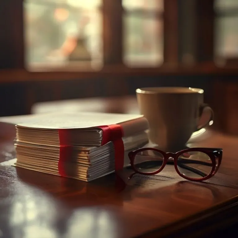 Fotografía cinematográfica de un fajo de documentos legales atados con una cinta roja, sobre un escritorio de madera pulida, con gafas de lectura y una taza de café.