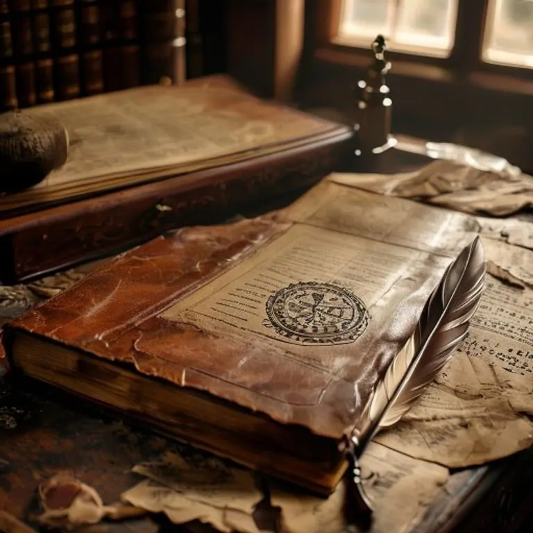 Bodegón cinematográfico de un escritorio antiguo con un libro de leyes abierto, una pluma de ave y papeles, evocando contratos y obligaciones.